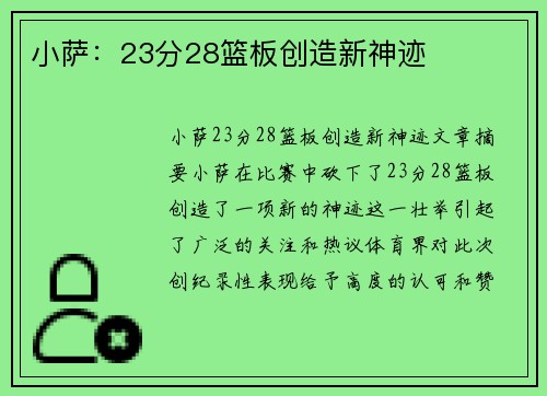 小萨：23分28篮板创造新神迹